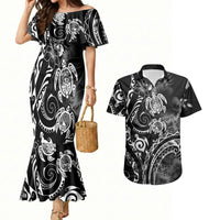 Aloha Hawaii Turtles Floral Couples Matching Mermaid Dress and Hawaiian Shirt Obsidian Glaze LT7 Black - Polynesian Pride