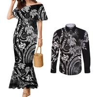 Aloha Hawaii Turtles Floral Couples Matching Mermaid Dress and Long Sleeve Button Shirt Obsidian Glaze LT7 Black - Polynesian Pride