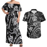 Aloha Hawaii Turtles Floral Couples Matching Off Shoulder Maxi Dress and Hawaiian Shirt Obsidian Glaze LT7 Black - Polynesian Pride