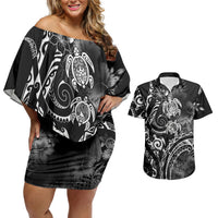 Aloha Hawaii Turtles Floral Couples Matching Off Shoulder Short Dress and Hawaiian Shirt Obsidian Glaze LT7 Black - Polynesian Pride