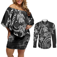 Aloha Hawaii Turtles Floral Couples Matching Off Shoulder Short Dress and Long Sleeve Button Shirt Obsidian Glaze LT7 Black - Polynesian Pride