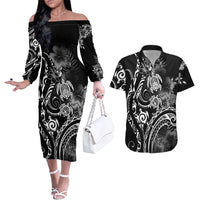 Aloha Hawaii Turtles Floral Couples Matching Off The Shoulder Long Sleeve Dress and Hawaiian Shirt Obsidian Glaze
