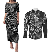 Aloha Hawaii Turtles Floral Couples Matching Puletasi and Long Sleeve Button Shirt Obsidian Glaze LT7 Black - Polynesian Pride