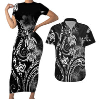 Aloha Hawaii Turtles Floral Couples Matching Short Sleeve Bodycon Dress and Hawaiian Shirt Obsidian Glaze
