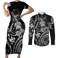 Aloha Hawaii Turtles Floral Couples Matching Short Sleeve Bodycon Dress and Long Sleeve Button Shirt Obsidian Glaze LT7 Black - Polynesian Pride