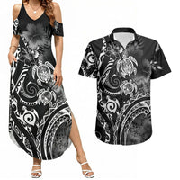 Aloha Hawaii Turtles Floral Couples Matching Summer Maxi Dress and Hawaiian Shirt Obsidian Glaze LT7 Black - Polynesian Pride