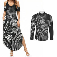Aloha Hawaii Turtles Floral Couples Matching Summer Maxi Dress and Long Sleeve Button Shirt Obsidian Glaze LT7 Black - Polynesian Pride