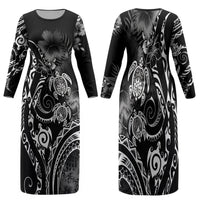 Aloha Hawaii Turtles Floral Family Matching Long Sleeve Bodycon Dress and Hawaiian Shirt Obsidian Glaze LT7 Mom's Dress Black - Polynesian Pride