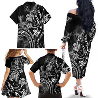 Aloha Hawaii Turtles Floral Family Matching Off The Shoulder Long Sleeve Dress and Hawaiian Shirt Obsidian Glaze