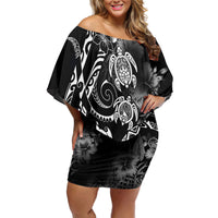 Aloha Hawaii Turtles Floral Off Shoulder Short Dress Obsidian Glaze