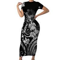 Aloha Hawaii Turtles Floral Short Sleeve Bodycon Dress Obsidian Glaze LT7 Long Dress Black - Polynesian Pride