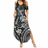 Aloha Hawaii Turtles Floral Summer Maxi Dress Obsidian Glaze LT7 Women Black - Polynesian Pride