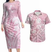 Aloha Hawaii Turtles Floral Couples Matching Long Sleeve Bodycon Dress and Hawaiian Shirt Pink Marbles Glaze LT7 Pink - Polynesian Pride