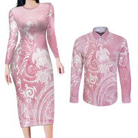 Aloha Hawaii Turtles Floral Couples Matching Long Sleeve Bodycon Dress and Long Sleeve Button Shirt Pink Marbles Glaze LT7 Pink - Polynesian Pride
