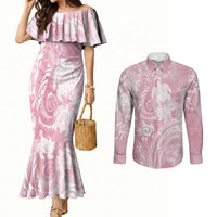 Aloha Hawaii Turtles Floral Couples Matching Mermaid Dress and Long Sleeve Button Shirt Pink Marbles Glaze LT7 Pink - Polynesian Pride
