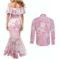 Aloha Hawaii Turtles Floral Couples Matching Mermaid Dress and Long Sleeve Button Shirt Pink Marbles Glaze