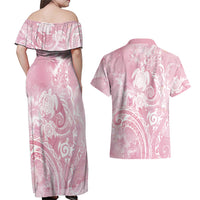 Aloha Hawaii Turtles Floral Couples Matching Off Shoulder Maxi Dress and Hawaiian Shirt Pink Marbles Glaze LT7 - Polynesian Pride