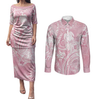 Aloha Hawaii Turtles Floral Couples Matching Puletasi and Long Sleeve Button Shirt Pink Marbles Glaze LT7 Pink - Polynesian Pride