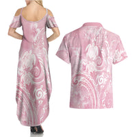 Aloha Hawaii Turtles Floral Couples Matching Summer Maxi Dress and Hawaiian Shirt Pink Marbles Glaze