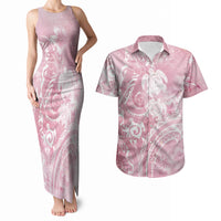 Aloha Hawaii Turtles Floral Couples Matching Tank Maxi Dress and Hawaiian Shirt Pink Marbles Glaze LT7 Pink - Polynesian Pride