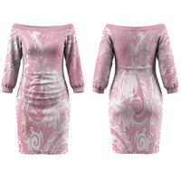 Aloha Hawaii Turtles Floral Family Matching Off The Shoulder Long Sleeve Dress and Hawaiian Shirt Pink Marbles Glaze LT7 Mom's Dress Pink - Polynesian Pride
