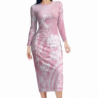 Aloha Hawaii Turtles Floral Long Sleeve Bodycon Dress Pink Marbles Glaze LT7 Long Dress Pink - Polynesian Pride