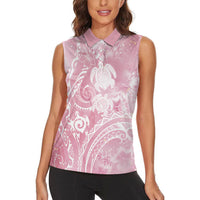 Aloha Hawaii Turtles Floral Women Sleeveless Polo Shirt Pink Marbles Glaze