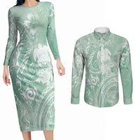 Aloha Hawaii Turtles Floral Couples Matching Long Sleeve Bodycon Dress and Long Sleeve Button Shirt Seafoam Marbles Glaze LT7 Seafoam - Polynesian Pride