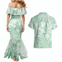 Aloha Hawaii Turtles Floral Couples Matching Mermaid Dress and Hawaiian Shirt Seafoam Marbles Glaze