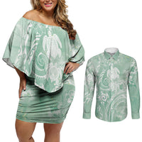 Aloha Hawaii Turtles Floral Couples Matching Off Shoulder Short Dress and Long Sleeve Button Shirt Seafoam Marbles Glaze LT7 Seafoam - Polynesian Pride