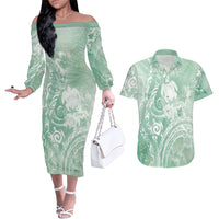 Aloha Hawaii Turtles Floral Couples Matching Off The Shoulder Long Sleeve Dress and Hawaiian Shirt Seafoam Marbles Glaze LT7 Seafoam - Polynesian Pride