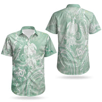 Aloha Hawaii Turtles Floral Couples Matching Off The Shoulder Long Sleeve Dress and Hawaiian Shirt Seafoam Marbles Glaze LT7 - Polynesian Pride