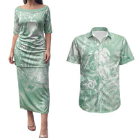 Aloha Hawaii Turtles Floral Couples Matching Puletasi and Hawaiian Shirt Seafoam Marbles Glaze LT7 Seafoam - Polynesian Pride