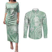 Aloha Hawaii Turtles Floral Couples Matching Puletasi and Long Sleeve Button Shirt Seafoam Marbles Glaze LT7 Seafoam - Polynesian Pride