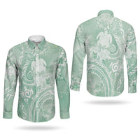 Aloha Hawaii Turtles Floral Couples Matching Puletasi and Long Sleeve Button Shirt Seafoam Marbles Glaze LT7 - Polynesian Pride