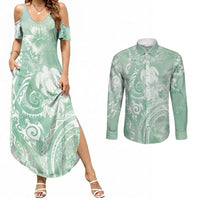Aloha Hawaii Turtles Floral Couples Matching Summer Maxi Dress and Long Sleeve Button Shirt Seafoam Marbles Glaze LT7 Seafoam - Polynesian Pride
