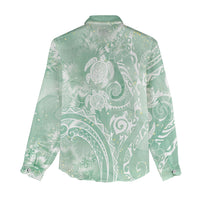 Aloha Hawaii Turtles Floral Women Casual Shirt Seafoam Marbles Glaze