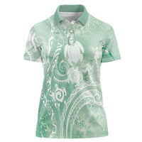 Aloha Hawaii Turtles Floral Women Polo Shirt Seafoam Marbles Glaze