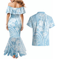 Aloha Hawaii Turtles Floral Couples Matching Mermaid Dress and Hawaiian Shirt Aqua Marbles Glaze
