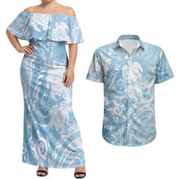 Aloha Hawaii Turtles Floral Couples Matching Off Shoulder Maxi Dress and Hawaiian Shirt Aqua Marbles Glaze LT7 Aqua - Polynesian Pride