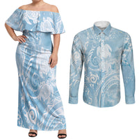 Aloha Hawaii Turtles Floral Couples Matching Off Shoulder Maxi Dress and Long Sleeve Button Shirt Aqua Marbles Glaze LT7 Aqua - Polynesian Pride