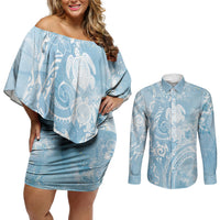 Aloha Hawaii Turtles Floral Couples Matching Off Shoulder Short Dress and Long Sleeve Button Shirt Aqua Marbles Glaze LT7 Aqua - Polynesian Pride