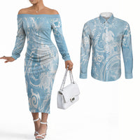 Aloha Hawaii Turtles Floral Couples Matching Off The Shoulder Long Sleeve Dress and Long Sleeve Button Shirt Aqua Marbles Glaze LT7 Aqua - Polynesian Pride