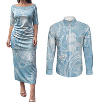 Aloha Hawaii Turtles Floral Couples Matching Puletasi and Long Sleeve Button Shirt Aqua Marbles Glaze LT7 Aqua - Polynesian Pride