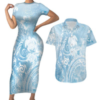 Aloha Hawaii Turtles Floral Couples Matching Short Sleeve Bodycon Dress and Hawaiian Shirt Aqua Marbles Glaze LT7 Aqua - Polynesian Pride