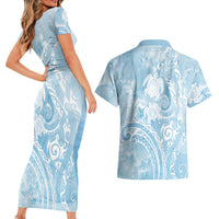 Aloha Hawaii Turtles Floral Couples Matching Short Sleeve Bodycon Dress and Hawaiian Shirt Aqua Marbles Glaze LT7 - Polynesian Pride
