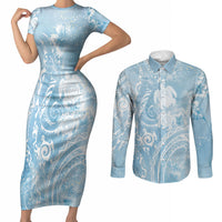 Aloha Hawaii Turtles Floral Couples Matching Short Sleeve Bodycon Dress and Long Sleeve Button Shirt Aqua Marbles Glaze LT7 Aqua - Polynesian Pride
