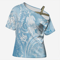 Aloha Hawaii Turtles Floral Cross Shoulder Shirt Aqua Marbles Glaze