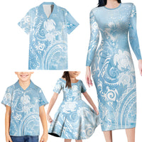 Aloha Hawaii Turtles Floral Family Matching Long Sleeve Bodycon Dress and Hawaiian Shirt Aqua Marbles Glaze