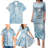 Aloha Hawaii Turtles Floral Family Matching Puletasi and Hawaiian Shirt Aqua Marbles Glaze LT7 - Polynesian Pride